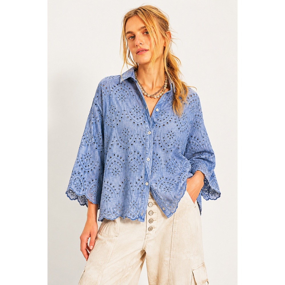 Marisima Italy ‎ Eyelet Lace Button Down Shirt Womens OS Blue Beachy Boho Chic